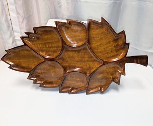 Large Vintage Hand Carved Leaf Divided Serving Tray