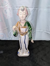 Vintage Chinese Ceramic , Large Statue Lady In A Gold Wrap And White & Green