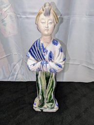 Vintage Chinese Ceramic, Large Statue Lady In A Blue Wrap And White & Green Floral Sleeve Dress