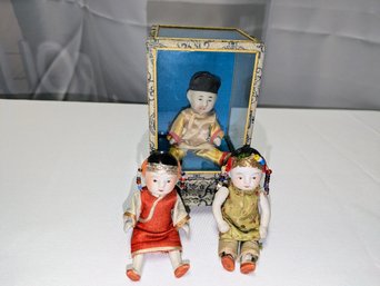 Set Of 3 Vintage Asian All Bisque Miniature Dolls With Moveable Arms & Legs With Display Case