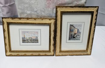 Vintage Pair Of Framed Water Color Paintings Of Venetian Scenes, Signed By The Artist