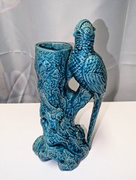 Vintage Chinese Qing Turquoise Blue Glazed Tree Trunk Bud Vase With Pheasant Bird Accent - 1 Of 2