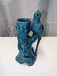 Vintage Chinese Qing Turquoise Blue Glazed Tree Trunk Bud Vase With Pheasant Bird Accent - 2 Of 2