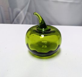 Vintage Art Glass Handblown Green Apple With Stem Paperweight