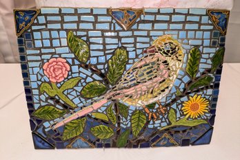 Vintage Artisan Handmade Mosaic Bird & Floral Design Picture On Wood Board