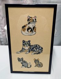 Framed 4 Cat Handmade Needlepoint Design Picture On Linen