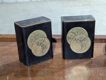 Pair Of Leather Wrapped Bookends With World Maps