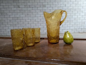 Mid-Century Italian Amber Glass Pitcher And Set Of Five Glasses