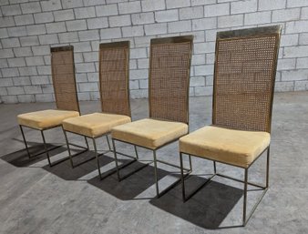 Set Of Four Modern Chairs With A Brass Finish, Rattan Backs And Velvet Upholstered Cushions