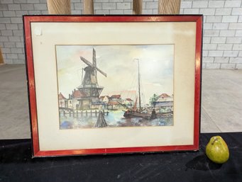 Antique Watercolor Painting Of A Dutch Harbor #18