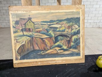 Very Old Landscape Watercolor Painting Taped To A Board #20