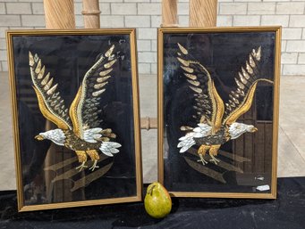 Pair Of Vintage Embroidered Sequin Bald Eagle Velvet Art #29