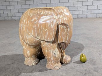 Large Carved Wood Elephant With Brass Tusks