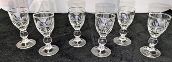 Set Of 6 Vintage Etched Floral Pattern Crystal Cordial Glasses