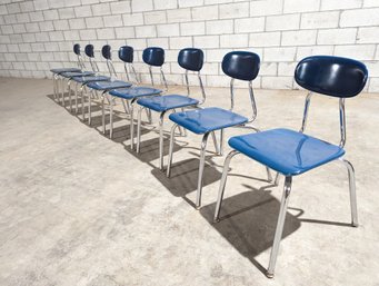 Set Of Eight Blue Adult Size School Chairs #2