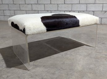 Lucite Bench With An Upholstered Cowhide Top