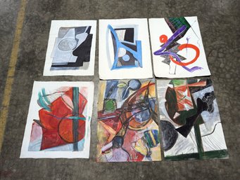 Grouping Of Six Large Abstract Pieces With Five Being On Paper And One Canvas