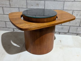 Modern Wood Side Table With A Round Glass Top And A Larger Floating Top That Sit On A Barrel Base