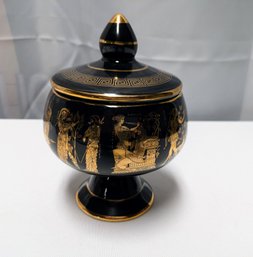 Vintage ST Black Greek Lidded Urn With 24KT. Gold Accented Hand Painted Mythology Greek Gods