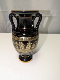 Vintage SC Black Double Handled Vessel With 24KT. Gold Accented Hand Painted Mythology Greek Gods