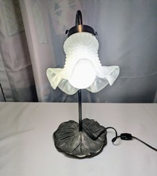 Vintage Metal Lilly Pad , Will A Lilly & Ruffled Trim Shaped Frosted Glass Lamp