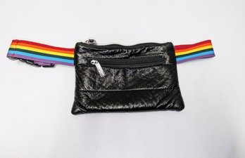 Bari Lynn Black And Rainbow Strap Waist Or Cross Body Bag With 2 Zipper Compartments