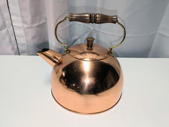 Vintage Tea Kettle Revere Ware Copper Clad Wood And Brass Handle With Lid