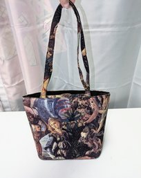 Printed Artful Fabric Tote Bag With Rhinestone Accents On One Side