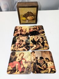 Vintage Set Of (6)  Italian Murillo Art Coaster With Lacquered Storage Box