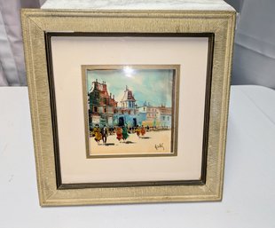 Vintage Signed, Framed Antonio DeVity Painting - Men & Women Strolling Through Town