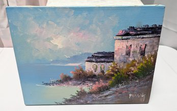 Unframed, Signed Oil On Canvas Painting - Beautiful Villas On The Ocean