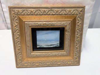 Vintage Ornate Double Framed Unsigned Painting - Sailboat In The Ocean Off The Beach