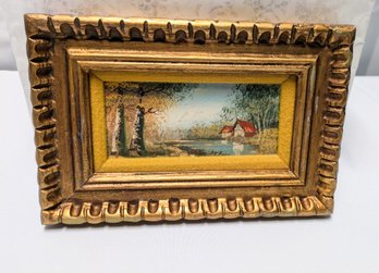 Vintage P. Klaus Ornate Gold Gilt Framed & Signed Miniature Oil Painting - House On The Lake