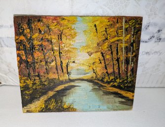 Unsigned Miniature Oil Painting Of A Forrest Lake Scene On Wood