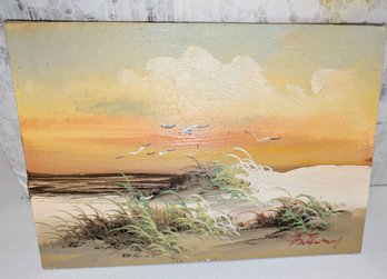 Signed 'Anthony' Oil Miniature Oil Painting On Wood Of Sand Dunes With Seagulls