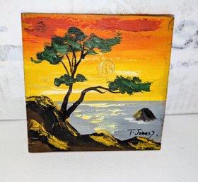 Miniature Artist Signed T. Jones Z - Oil Painting On Wood - Sunset Scene