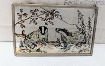 Vintage Metal Framed Mini Drawing On Glass Of Two Badgers By B.J.R.