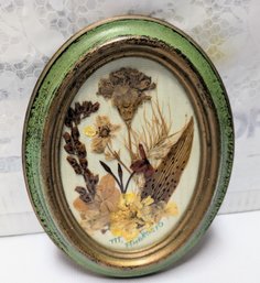 Vintage Oval Framed Dried Flowers On A Satin Background, Signed By The Artisan