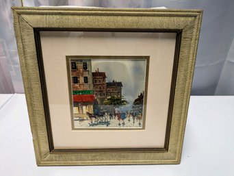 Vintage Signed, Framed Antonio DeVity Painting - Horse & Carriage Ride Through Town Scene