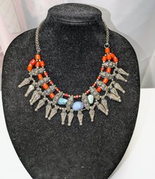 Handcrafted Tibetan Tribal Coral And Other Natural Bead With Silver Tone Accent Necklace