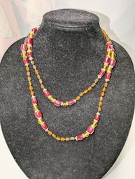 Hand Crafted Yellow, Red & Amber Toned Glass Beaded Necklace With Silver Tone Spacers