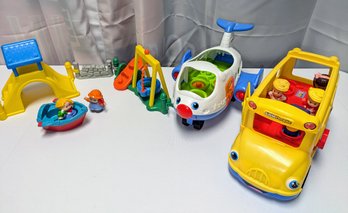 Fisher Price Little People Stop & Go School Buss And High & Low Airplane Lot With 6 Little People Figurines