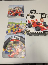 Janod, Set OF 4 Race Car & Boy Jigsaw Puzzles AGES 3-6 Carrying Case Gift