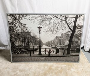 Large Framed City Scape Picture B & W With A Red Bicycle Accent