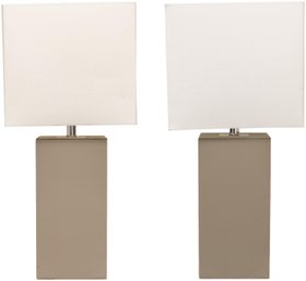 Pair Of Modern Faux Leather Wrapped Table Lamps With White Fabric Shades