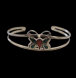 Vintage Sterling Silver Turquoise Coral Color Inlay Butterfly Bracelet