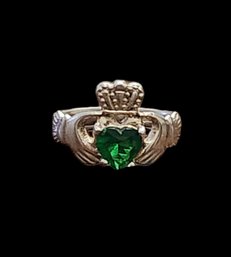 Vintage Irish Sterling Silver Emerald Color Claddagh Ring, Size 5