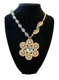 Large Gold Tone With Light Green Beaded Necklace And Flower Pendant