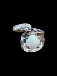 Vintage Sterling Silver Clear Stone And Mother Of Pearl Color Ring, Size 8