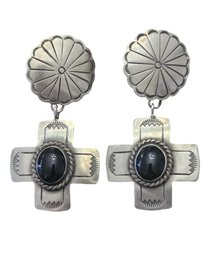 Incredible Vintage Native American Navajo Designer B PIASO JR Sterling Silver Onyx Cross Dangle Earrings